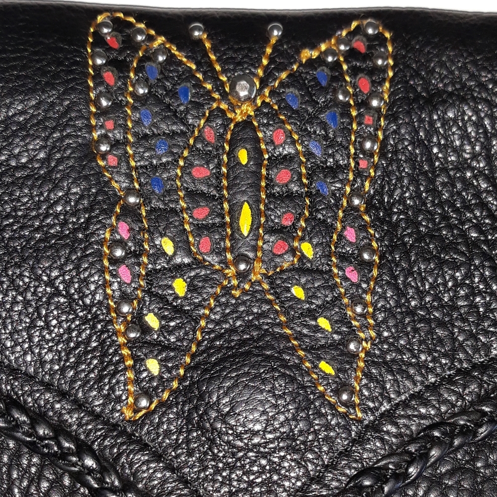 Butterfly Embellished Black Leather Crossbody Bag
